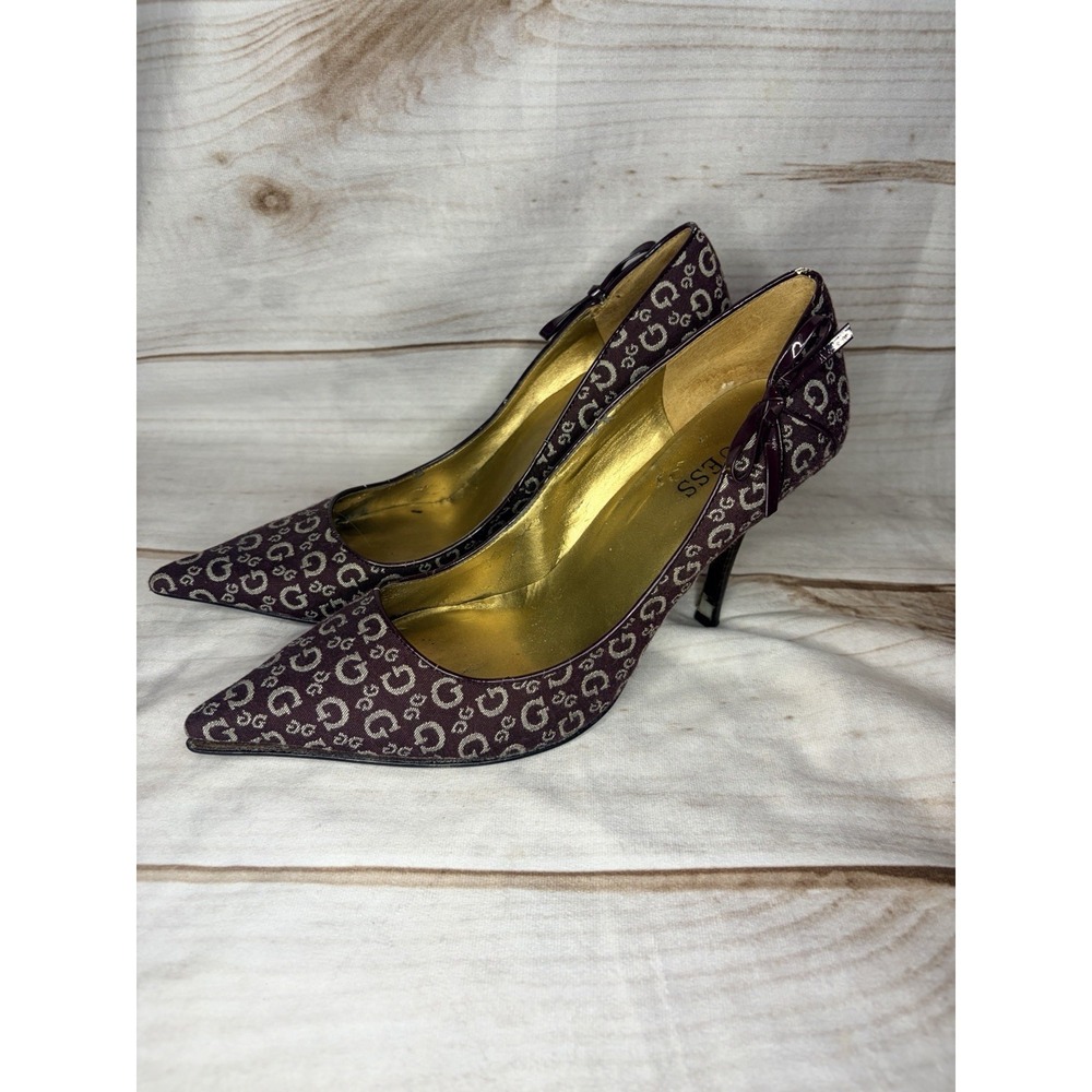 GUESS‎ Y2K Logo Heels 8.5M Burgundy Monogram Pointed Toe Pumps